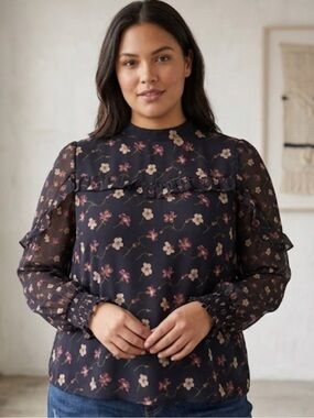 Oasis Floral Chiffon Top – Size 12 | Dark Romance Print | Cottagecore Chic